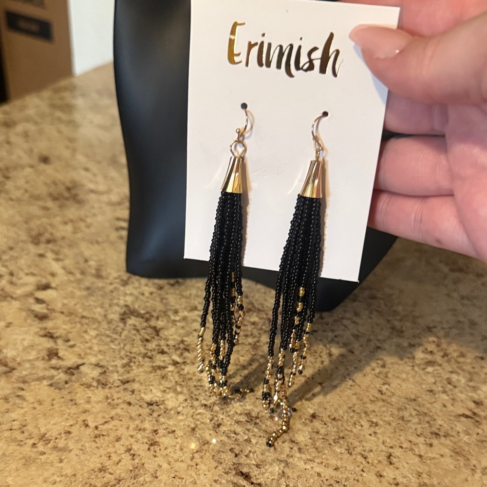 BWT BOUTIQUE Black and Gold beaded Tassel Earrings